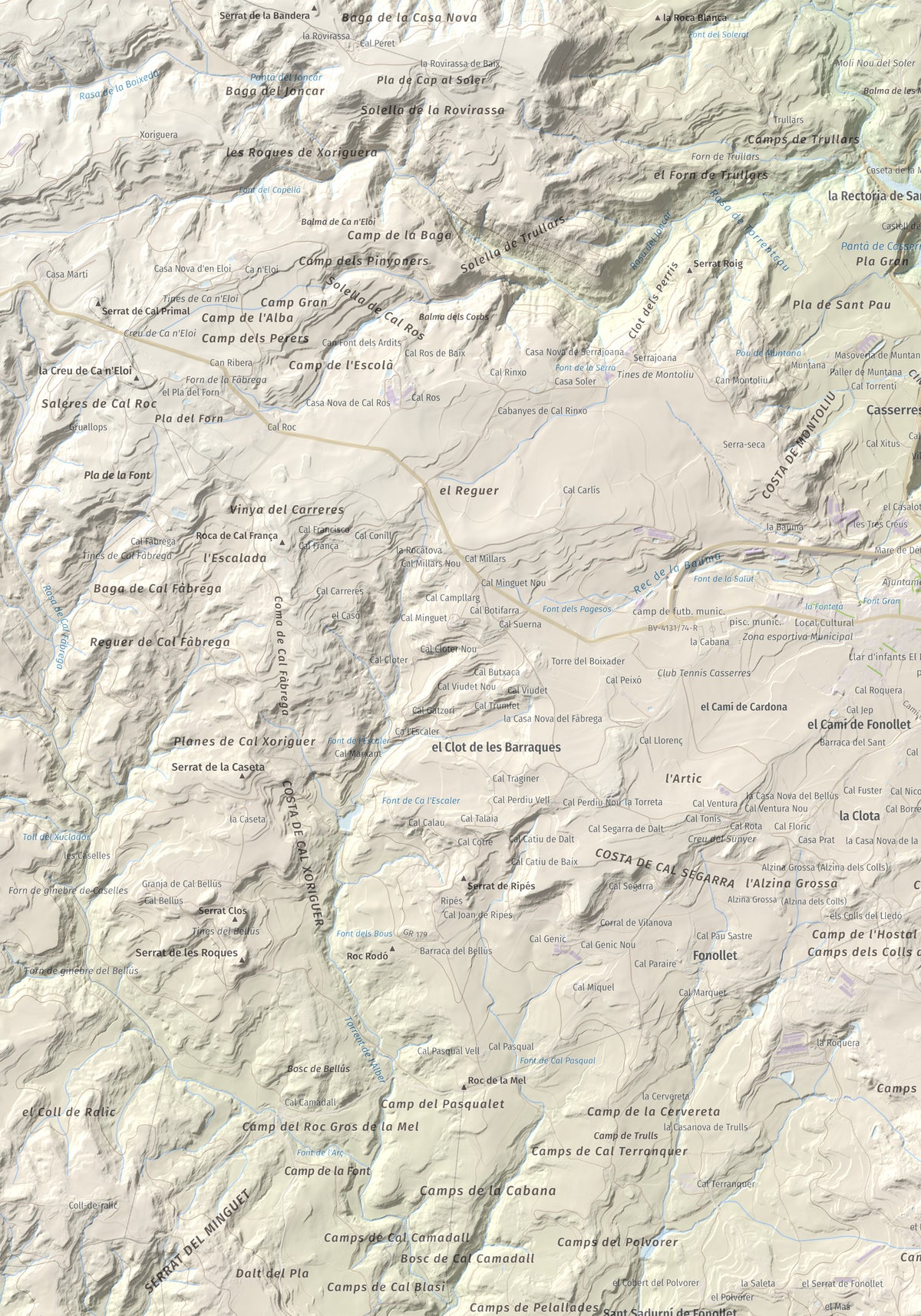 Mapa topográfico del relieve: Serrat de la Madrona, 682 m. Detalle de la zona superior izquierda. 70 × 100 cm.