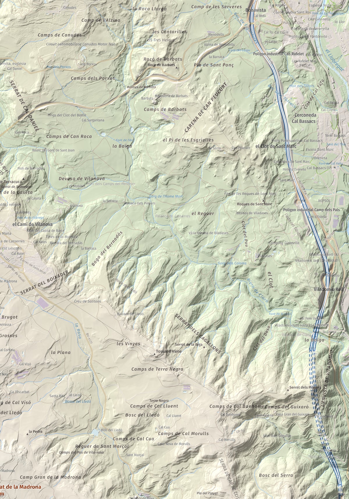 Mapa topográfico del relieve: Serrat de la Madrona, 682 m. Detalle de la zona superior derecha. 70 × 100 cm.