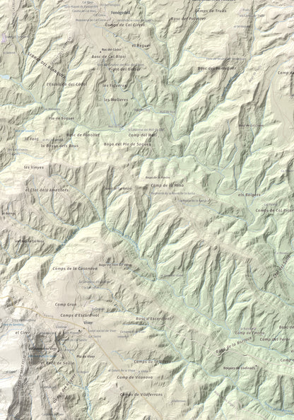 Mapa topográfico del relieve: Serrat de la Madrona, 682 m. Detalle de la zona inferior izquierda. 70 × 100 cm.