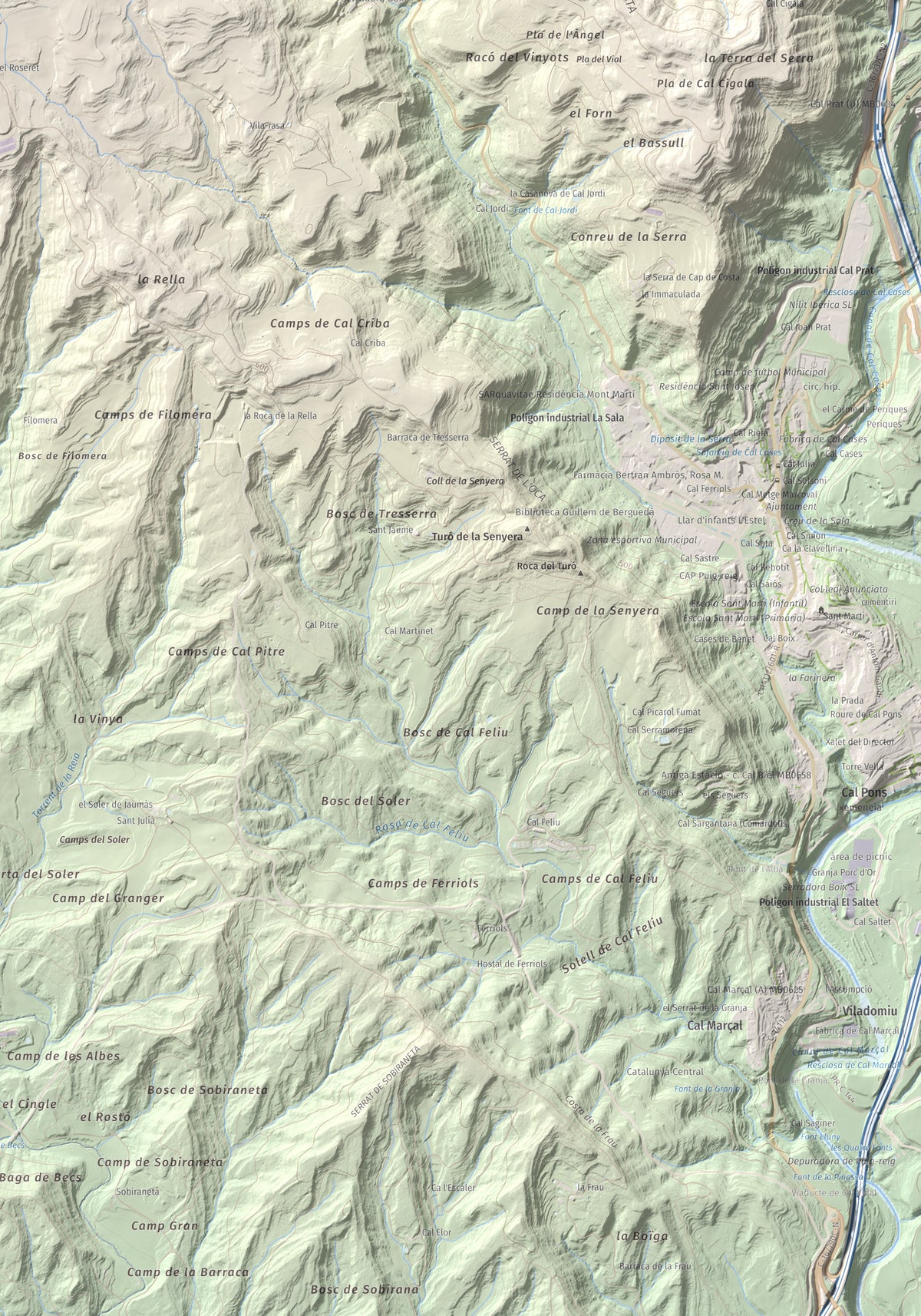 Mapa topográfico del relieve: Serrat de la Madrona, 682 m. Detalle de la zona inferior derecha. 70 × 100 cm.