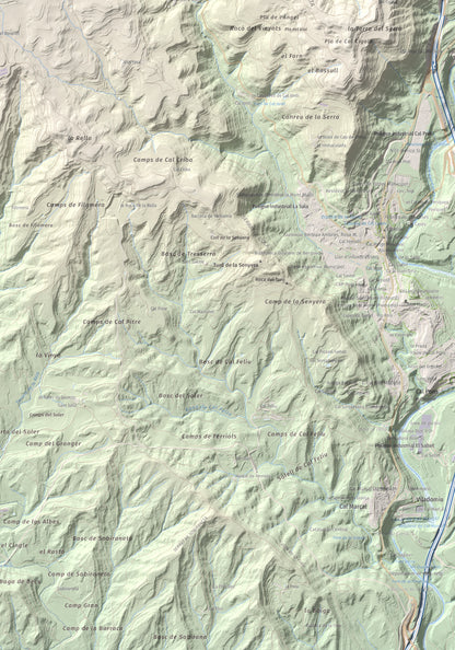 Mapa topográfico del relieve: Serrat de la Madrona, 682 m. Detalle de la zona inferior derecha. 70 × 100 cm.