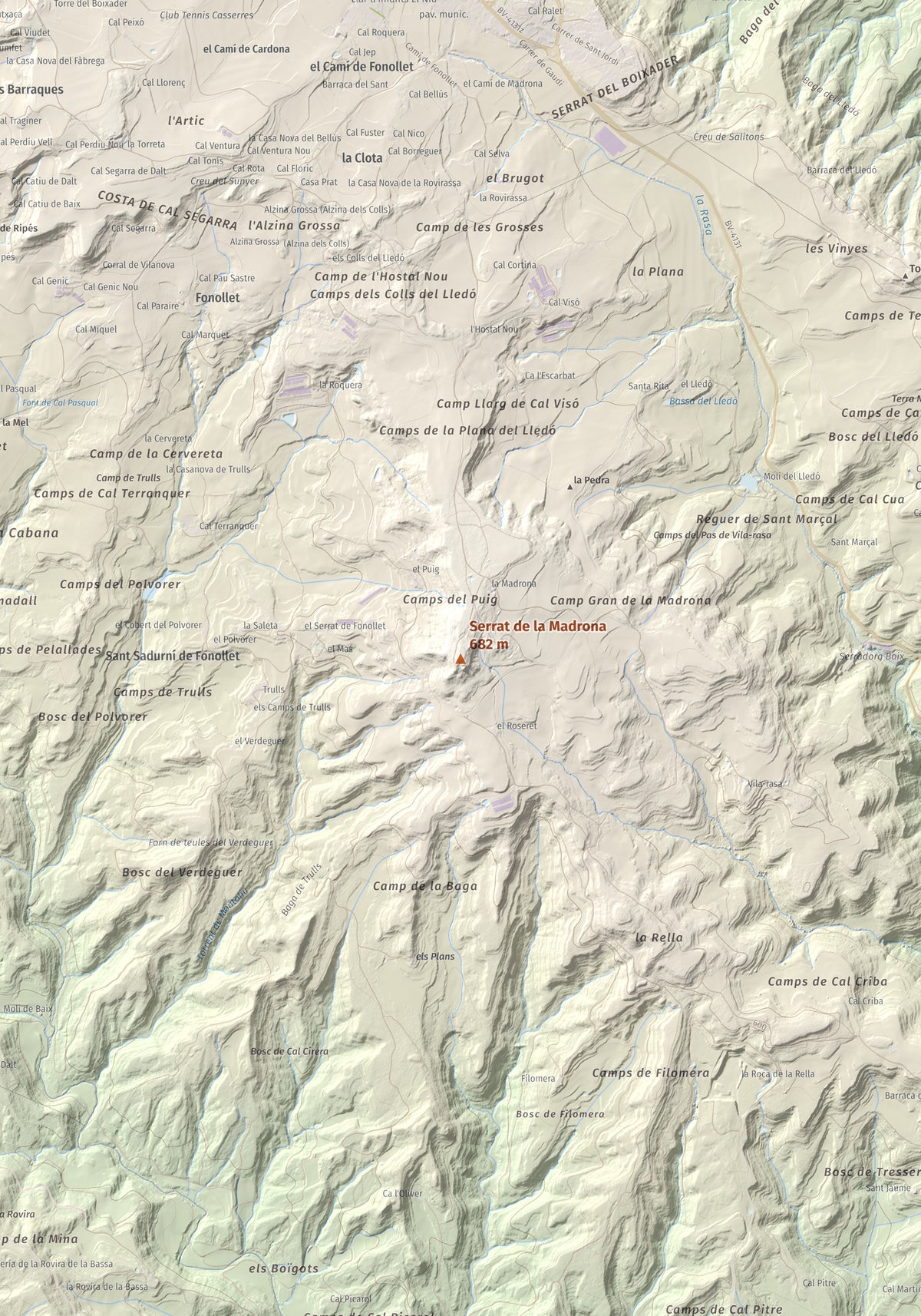 Mapa topográfico del relieve: Serrat de la Madrona, 682 m. Detalle de la zona central. 70 × 100 cm.