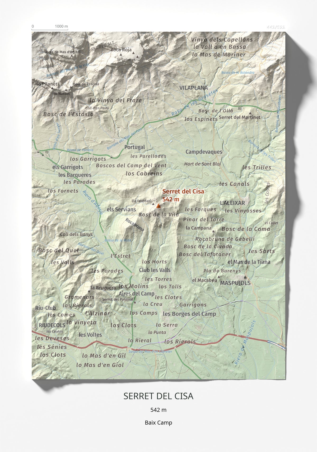 Mapa de relieve de Serret del Cisa, 542 m, Baix Camp, lámina 100 Cims de Trobart 21 × 30 cm.