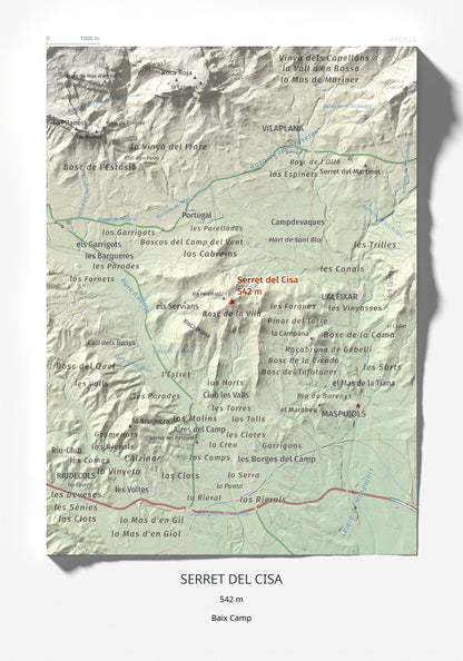 Mapa de relieve de Serret del Cisa, 542 m, Baix Camp, lámina 100 Cims de Trobart 21 × 30 cm.