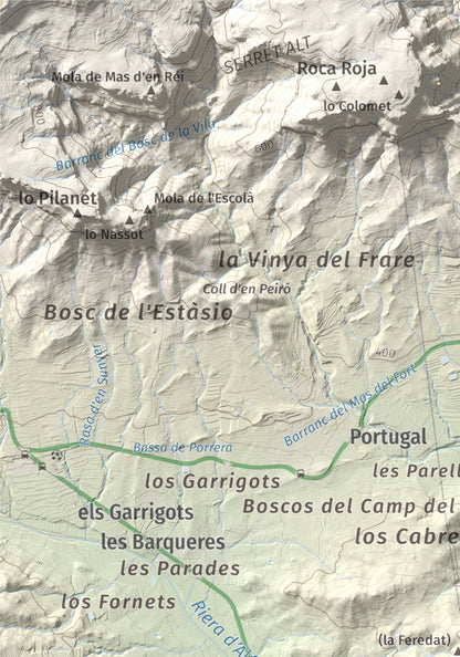 Mapa de relieve de Serret del Cisa, 542 m, Baix Camp, lámina 100 Cims de Trobart. Detalle de la zona superior izquierda. 21 × 30 cm.