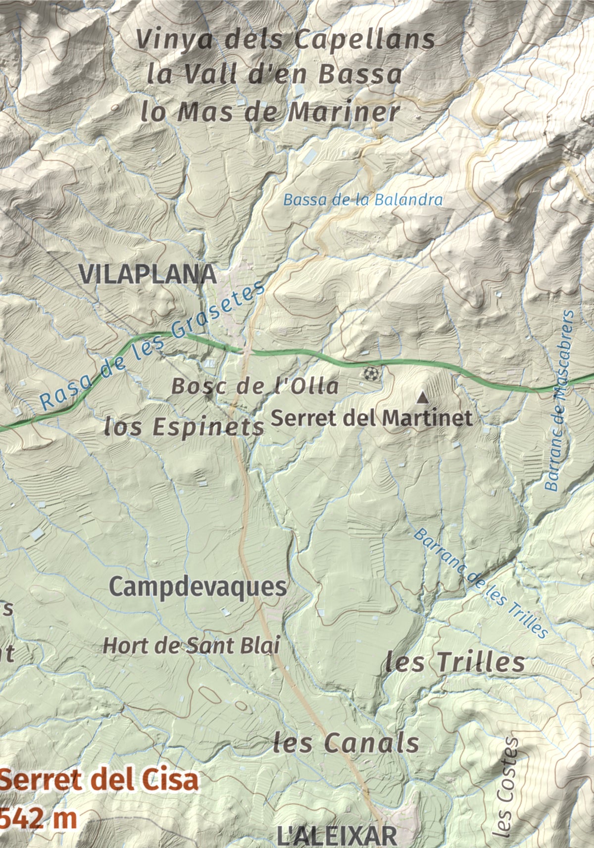 Mapa de relieve de Serret del Cisa, 542 m, Baix Camp, lámina 100 Cims de Trobart. Detalle de la zona superior derecha. 21 × 30 cm.
