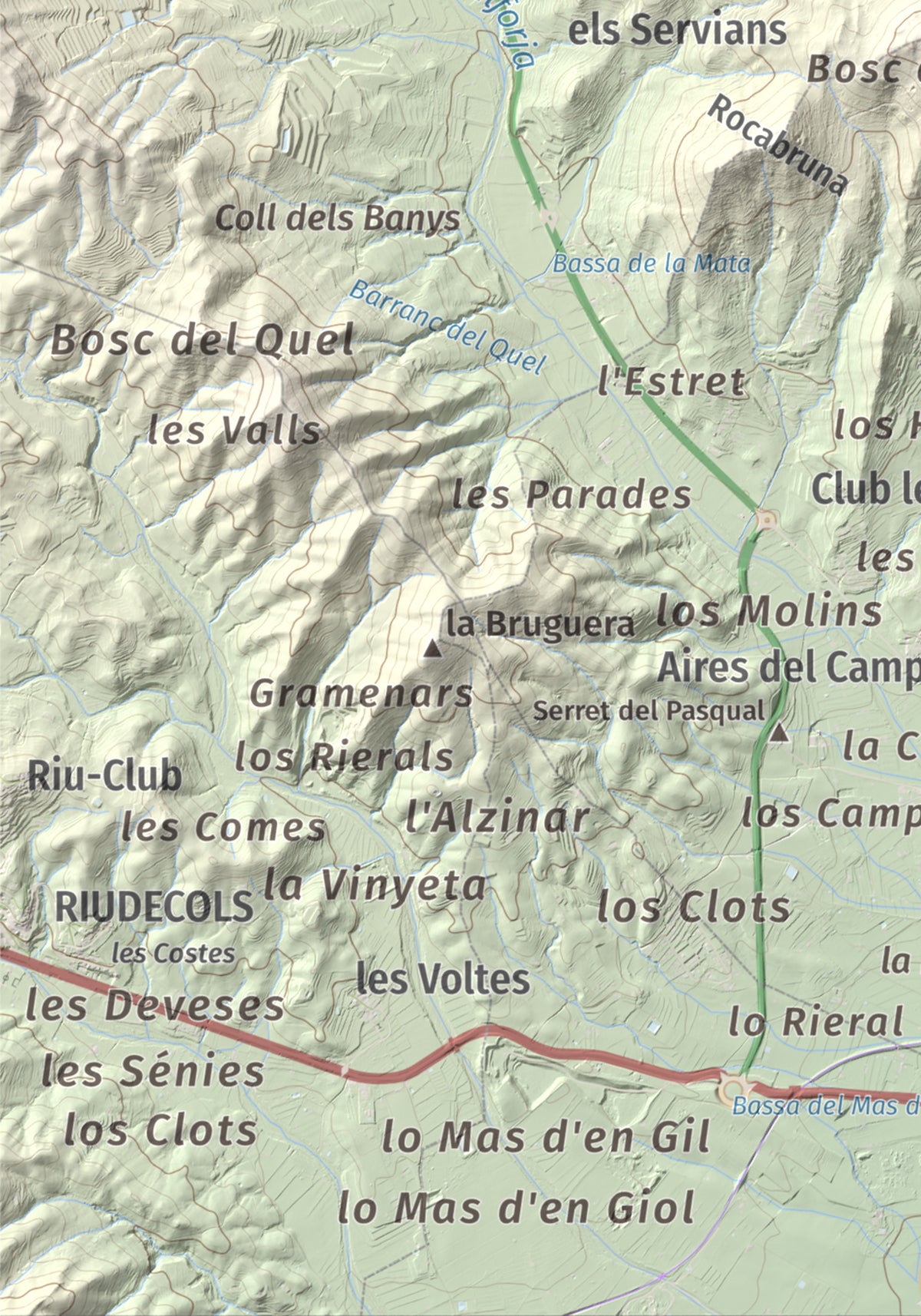 Mapa de relieve de Serret del Cisa, 542 m, Baix Camp, lámina 100 Cims de Trobart. Detalle de la zona inferior izquierda. 21 × 30 cm.
