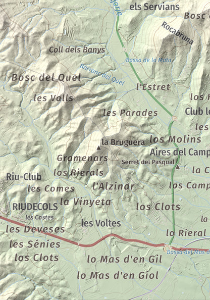 Mapa de relieve de Serret del Cisa, 542 m, Baix Camp, lámina 100 Cims de Trobart. Detalle de la zona inferior izquierda. 21 × 30 cm.