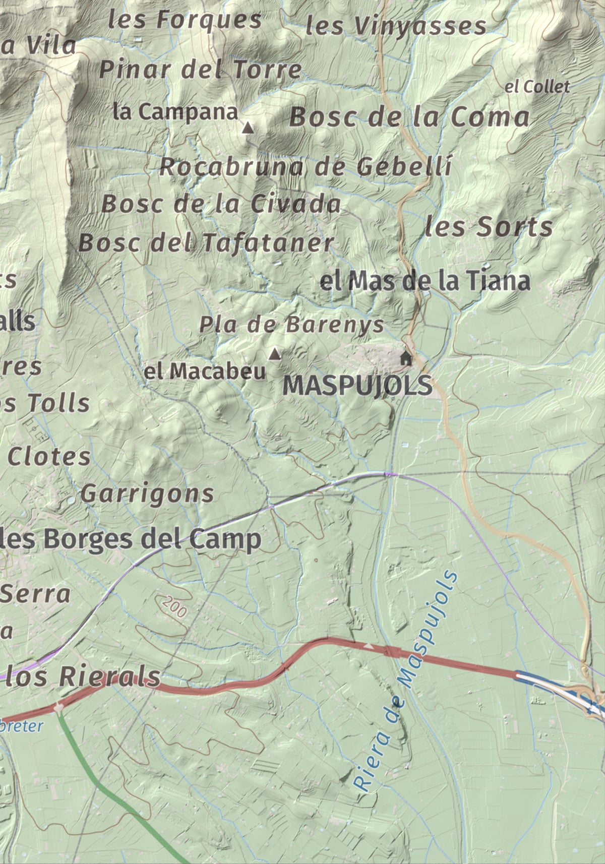Mapa de relieve de Serret del Cisa, 542 m, Baix Camp, lámina 100 Cims de Trobart. Detalle de la zona inferior derecha. 21 × 30 cm.