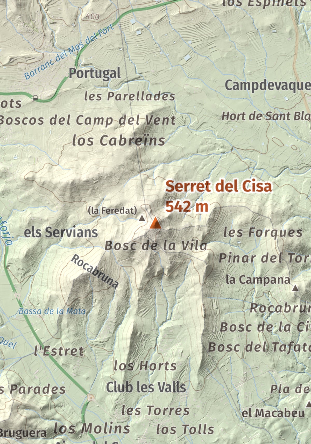 Mapa de relieve de Serret del Cisa, 542 m, Baix Camp, lámina 100 Cims de Trobart. Detalle de la zona central. 21 × 30 cm.