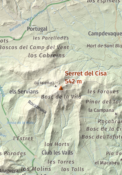 Mapa de relieve de Serret del Cisa, 542 m, Baix Camp, lámina 100 Cims de Trobart. Detalle de la zona central. 21 × 30 cm.
