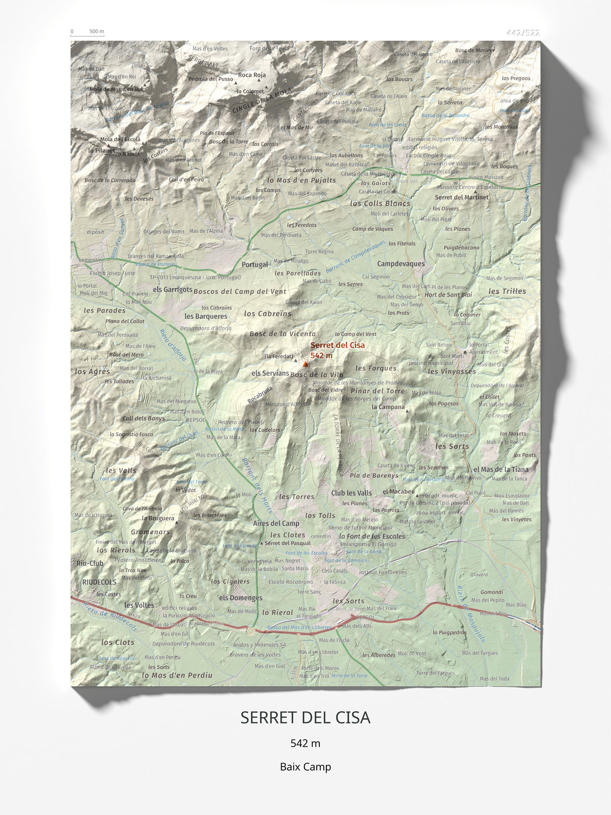 Mapa de relieve de Serret del Cisa, 542 m, Baix Camp, lámina 100 Cims de Trobart 30 × 40 cm.