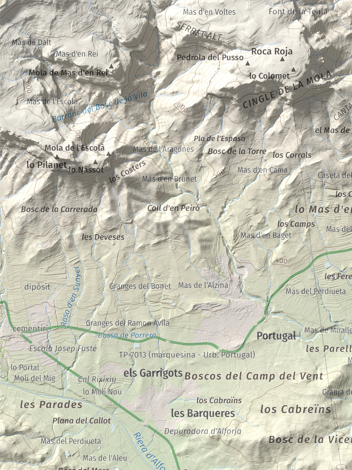 Mapa de relieve de Serret del Cisa, 542 m, Baix Camp, lámina 100 Cims de Trobart. Detalle de la zona superior izquierda. 30 × 40 cm.