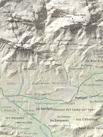Mapa de relieve de Serret del Cisa, 542 m, Baix Camp, lámina 100 Cims de Trobart. Detalle de la zona superior izquierda. 30 × 40 cm.