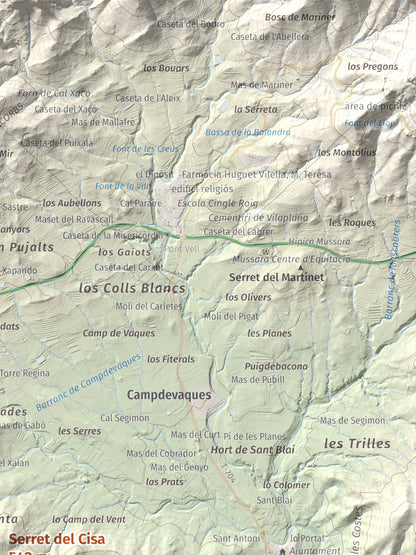 Mapa de relieve de Serret del Cisa, 542 m, Baix Camp, lámina 100 Cims de Trobart. Detalle de la zona superior derecha. 30 × 40 cm.