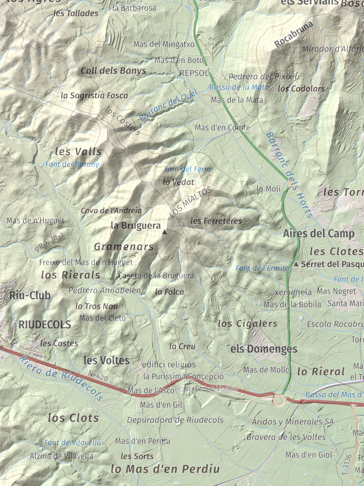 Mapa de relieve de Serret del Cisa, 542 m, Baix Camp, lámina 100 Cims de Trobart. Detalle de la zona inferior izquierda. 30 × 40 cm.