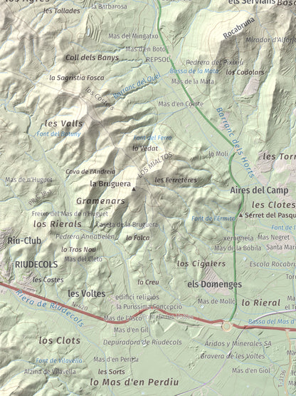 Mapa de relieve de Serret del Cisa, 542 m, Baix Camp, lámina 100 Cims de Trobart. Detalle de la zona inferior izquierda. 30 × 40 cm.