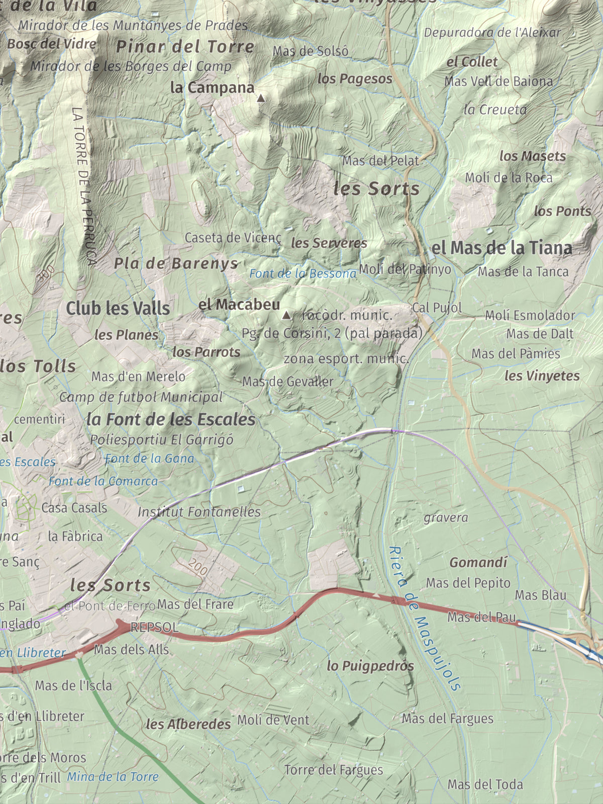 Mapa de relieve de Serret del Cisa, 542 m, Baix Camp, lámina 100 Cims de Trobart. Detalle de la zona inferior derecha. 30 × 40 cm.