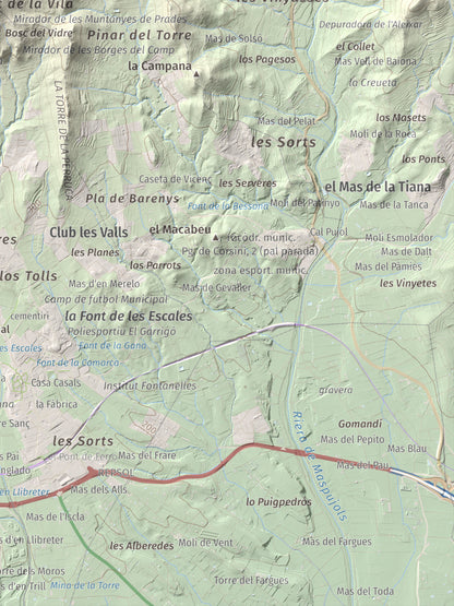 Mapa de relieve de Serret del Cisa, 542 m, Baix Camp, lámina 100 Cims de Trobart. Detalle de la zona inferior derecha. 30 × 40 cm.