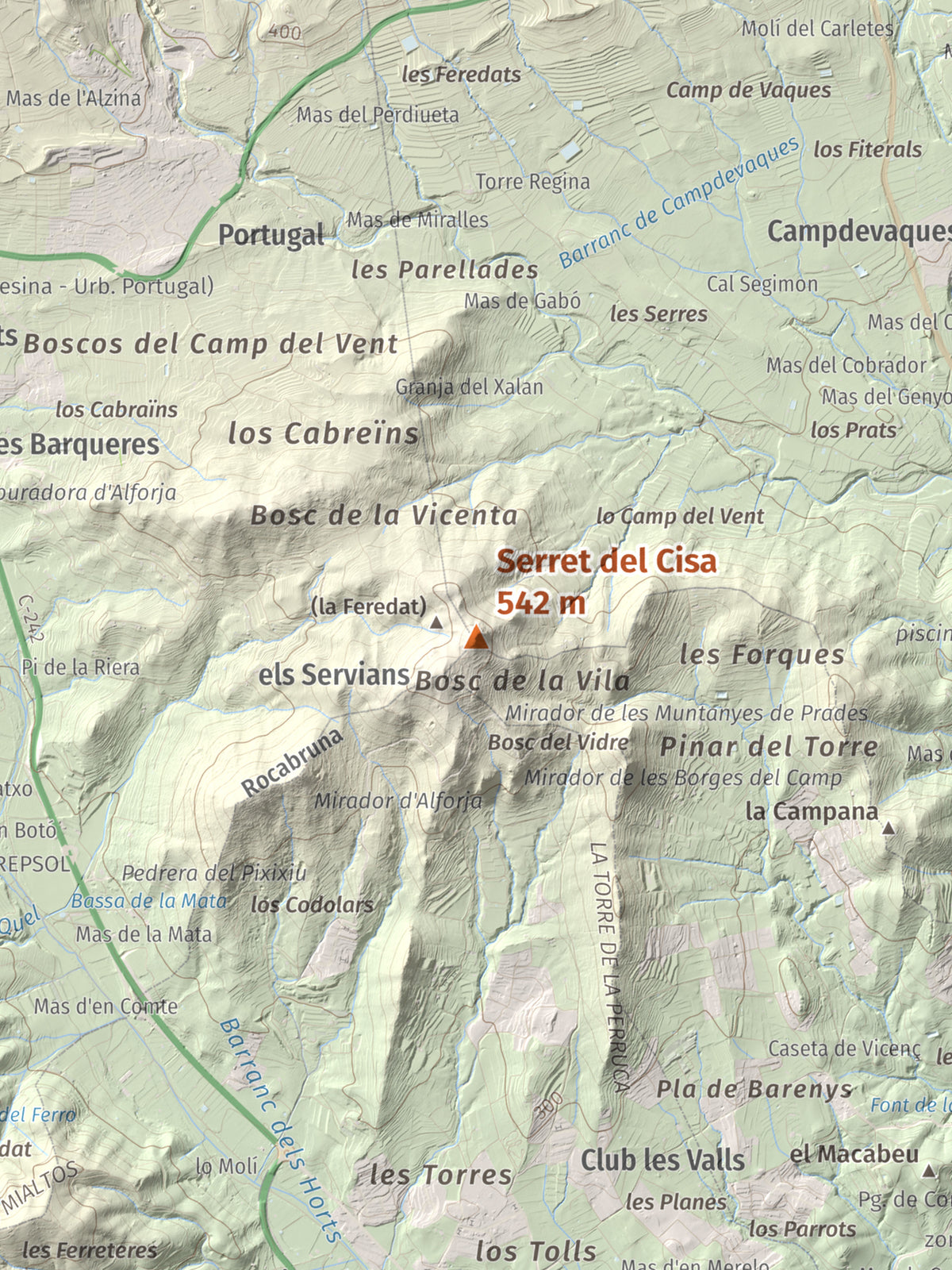 Mapa de relieve de Serret del Cisa, 542 m, Baix Camp, lámina 100 Cims de Trobart. Detalle de la zona central. 30 × 40 cm.