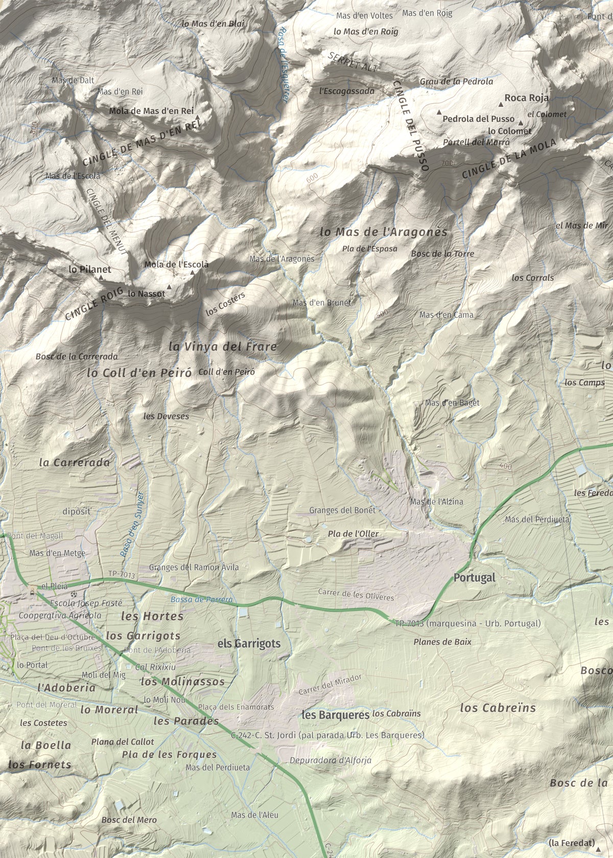 Mapa de relieve de Serret del Cisa, 542 m, Baix Camp, lámina 100 Cims de Trobart. Detalle de la zona superior izquierda. 50 × 70 cm.