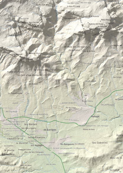 Mapa de relieve de Serret del Cisa, 542 m, Baix Camp, lámina 100 Cims de Trobart. Detalle de la zona superior izquierda. 50 × 70 cm.