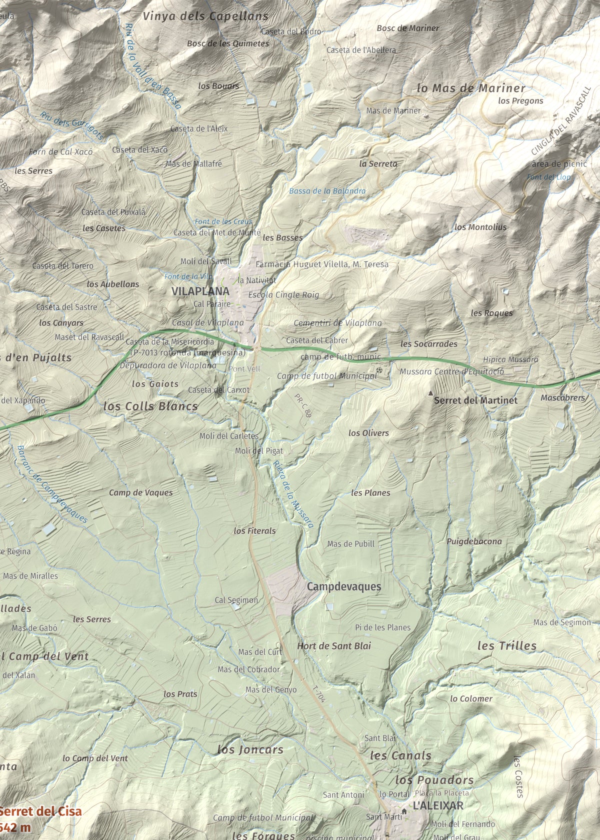 Mapa de relieve de Serret del Cisa, 542 m, Baix Camp, lámina 100 Cims de Trobart. Detalle de la zona superior derecha. 50 × 70 cm.