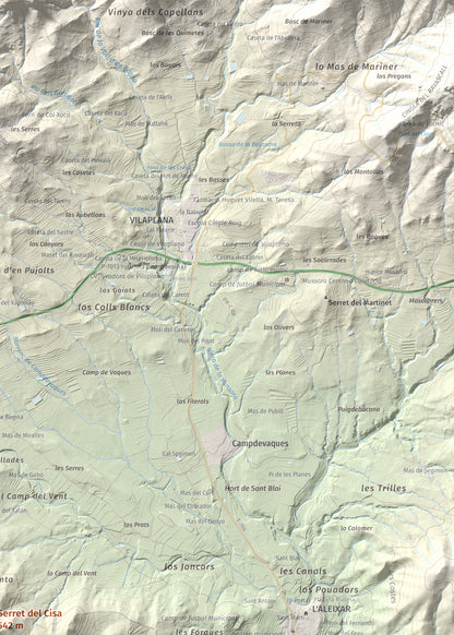 Mapa de relieve de Serret del Cisa, 542 m, Baix Camp, lámina 100 Cims de Trobart. Detalle de la zona superior derecha. 50 × 70 cm.