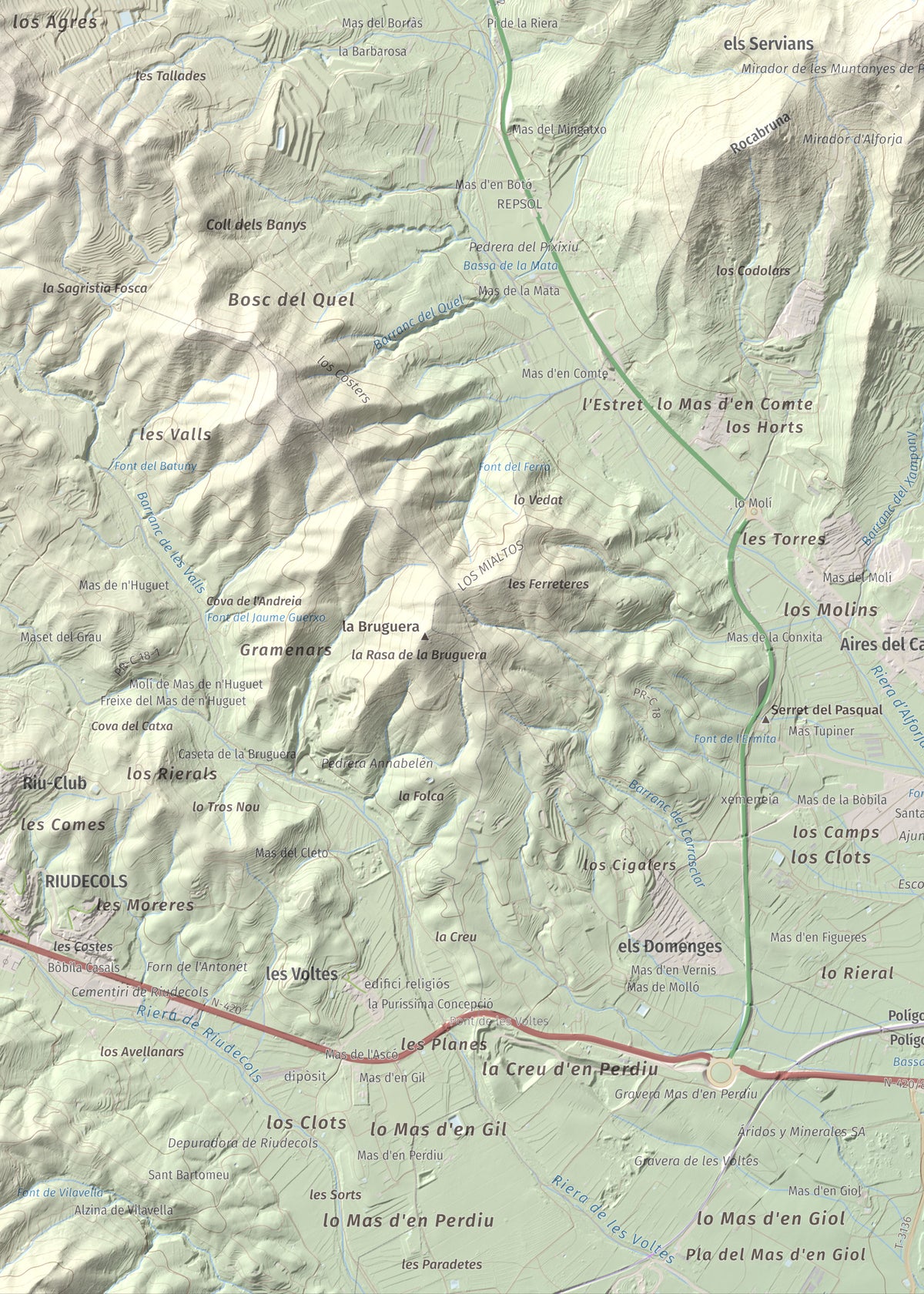 Mapa de relieve de Serret del Cisa, 542 m, Baix Camp, lámina 100 Cims de Trobart. Detalle de la zona inferior izquierda. 50 × 70 cm.