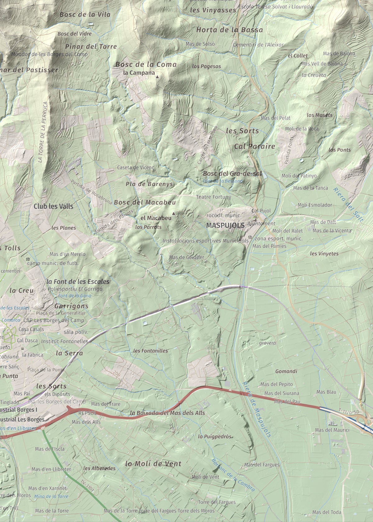 Mapa de relieve de Serret del Cisa, 542 m, Baix Camp, lámina 100 Cims de Trobart. Detalle de la zona inferior derecha. 50 × 70 cm.
