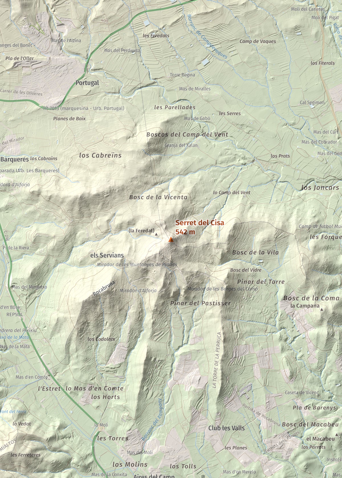 Mapa de relieve de Serret del Cisa, 542 m, Baix Camp, lámina 100 Cims de Trobart. Detalle de la zona central. 50 × 70 cm.