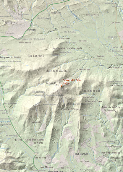 Mapa de relieve de Serret del Cisa, 542 m, Baix Camp, lámina 100 Cims de Trobart. Detalle de la zona central. 50 × 70 cm.