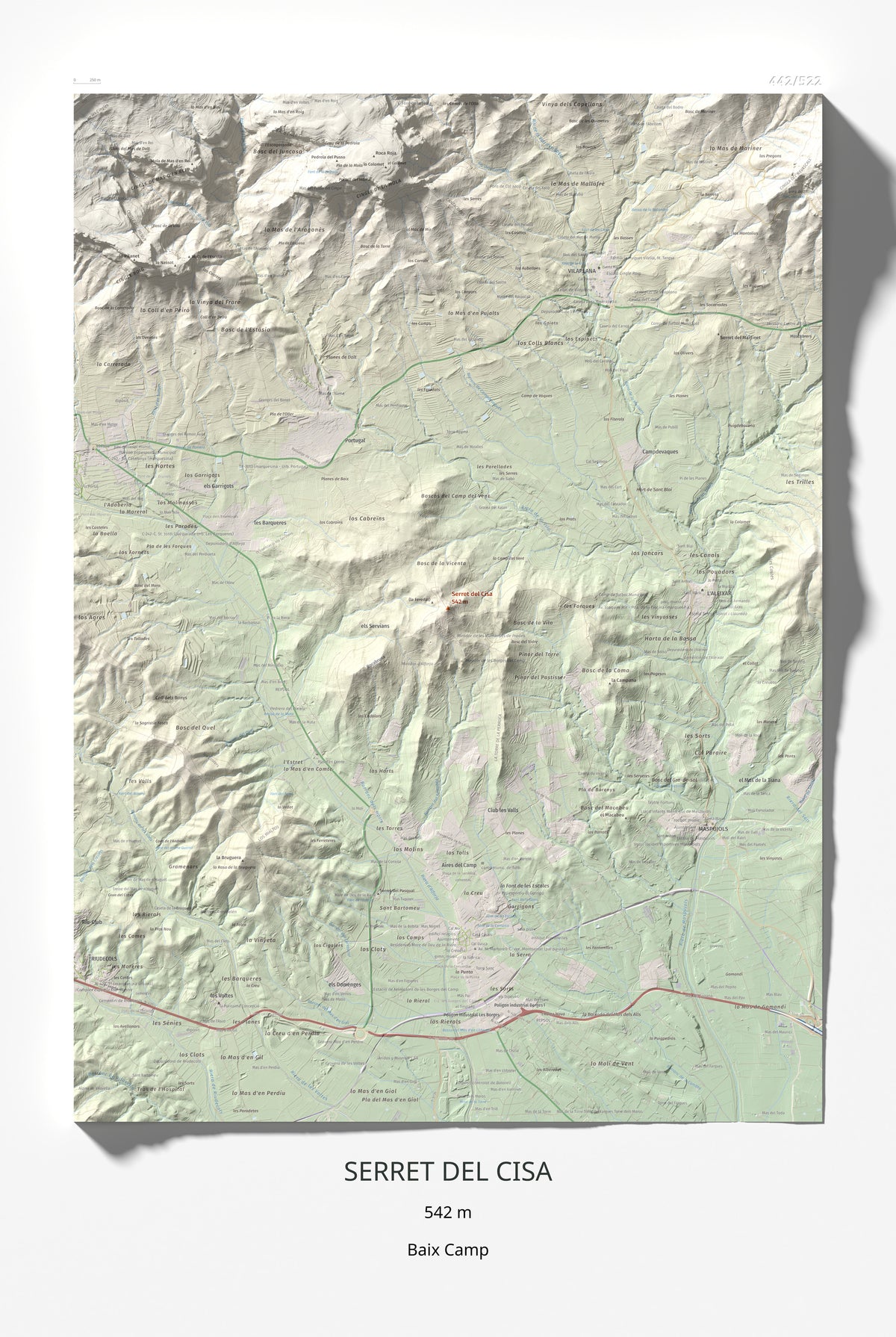 Mapa de relieve de Serret del Cisa, 542 m, Baix Camp, lámina 100 Cims de Trobart 61 × 91 cm.