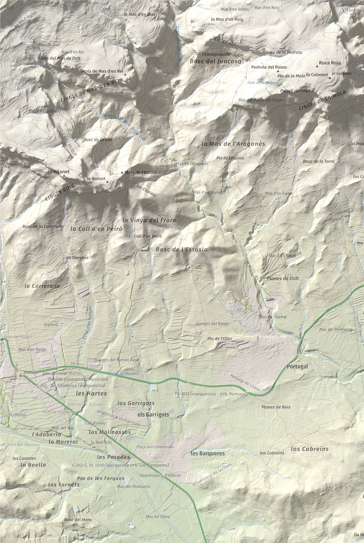 Mapa de relieve de Serret del Cisa, 542 m, Baix Camp, lámina 100 Cims de Trobart. Detalle de la zona superior izquierda. 61 × 91 cm.