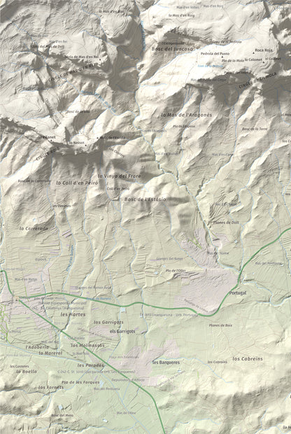 Mapa de relieve de Serret del Cisa, 542 m, Baix Camp, lámina 100 Cims de Trobart. Detalle de la zona superior izquierda. 61 × 91 cm.