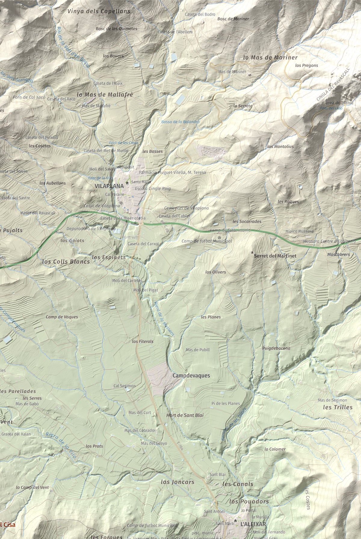 Mapa de relieve de Serret del Cisa, 542 m, Baix Camp, lámina 100 Cims de Trobart. Detalle de la zona superior derecha. 61 × 91 cm.