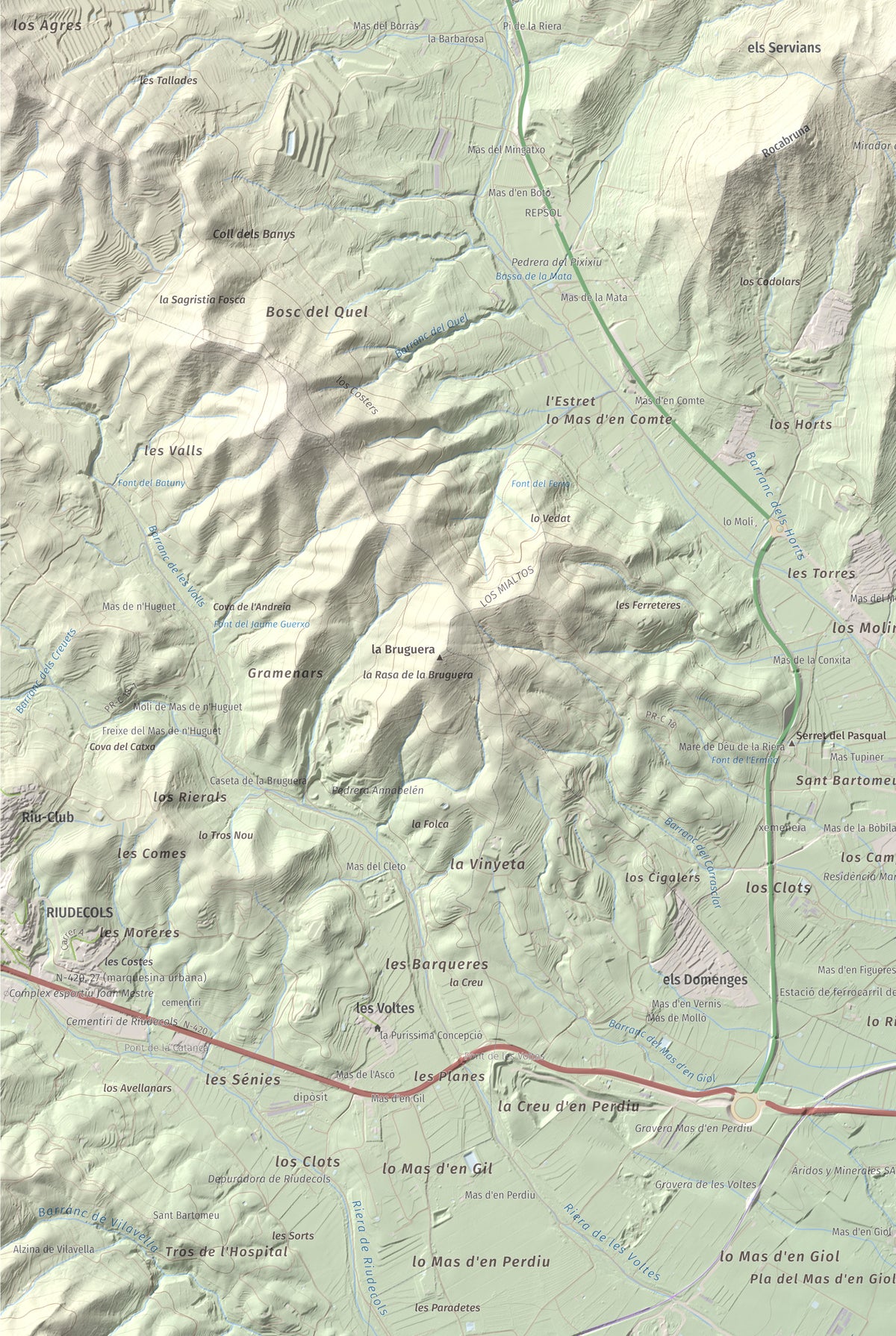Mapa de relieve de Serret del Cisa, 542 m, Baix Camp, lámina 100 Cims de Trobart. Detalle de la zona inferior izquierda. 61 × 91 cm.