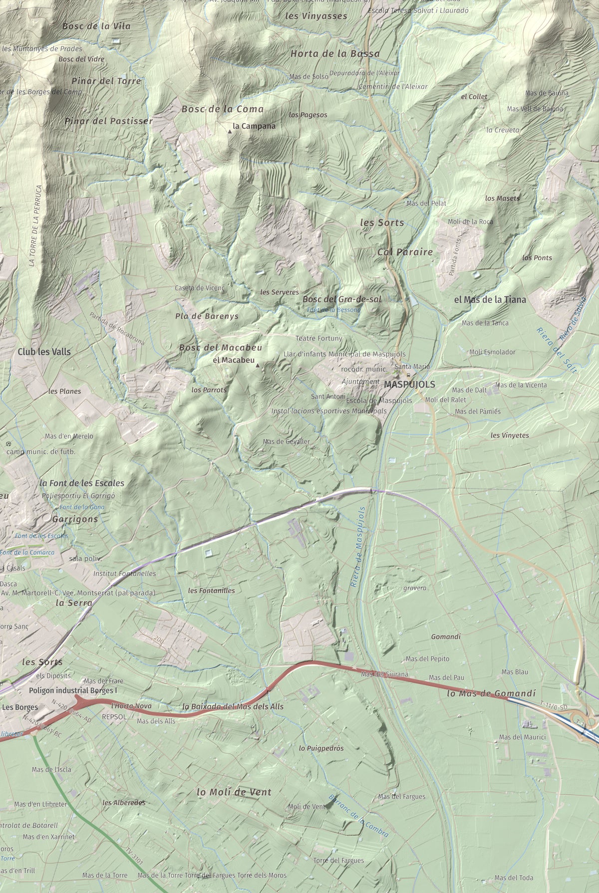 Mapa de relieve de Serret del Cisa, 542 m, Baix Camp, lámina 100 Cims de Trobart. Detalle de la zona inferior derecha. 61 × 91 cm.