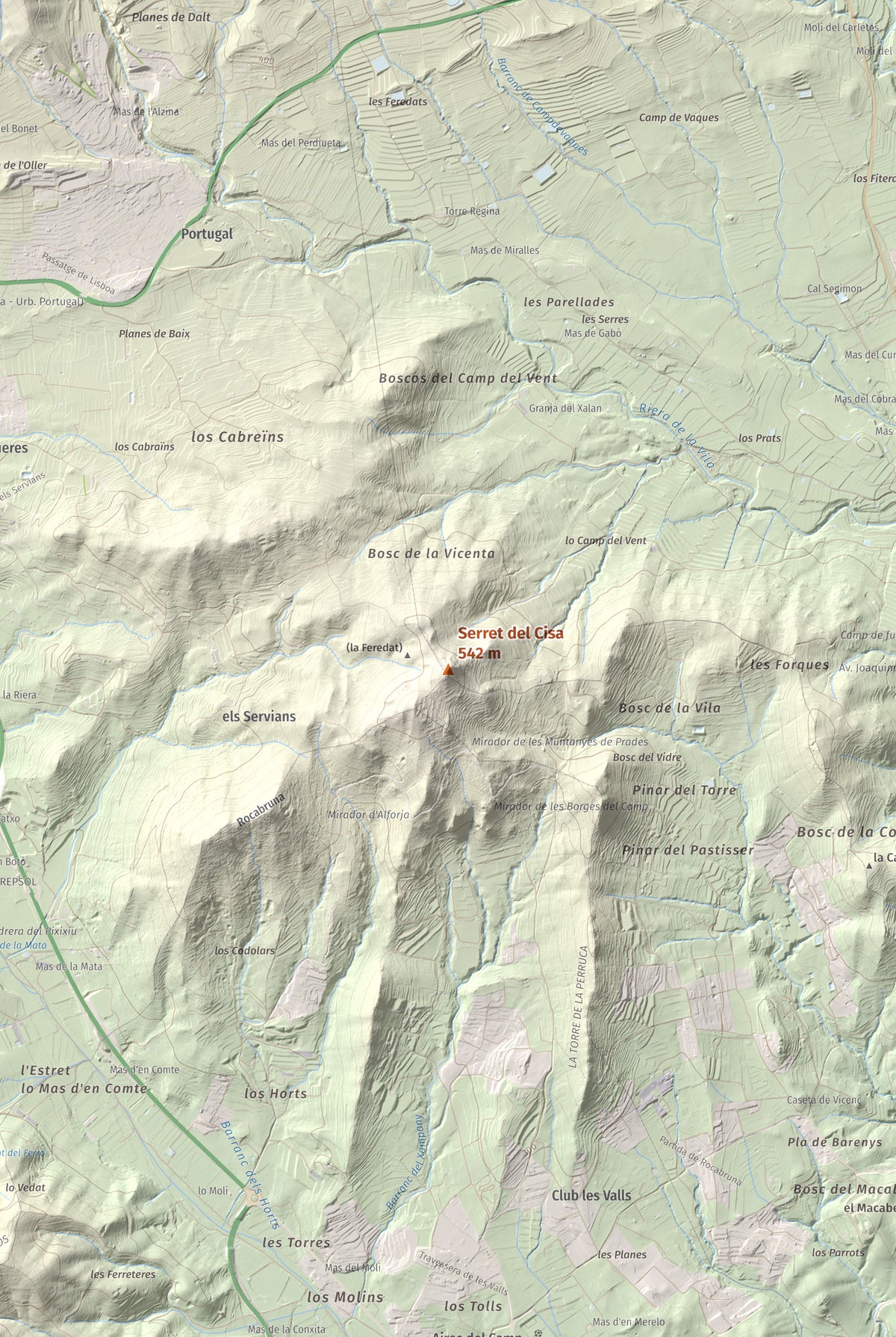 Mapa de relieve de Serret del Cisa, 542 m, Baix Camp, lámina 100 Cims de Trobart. Detalle de la zona central. 61 × 91 cm.