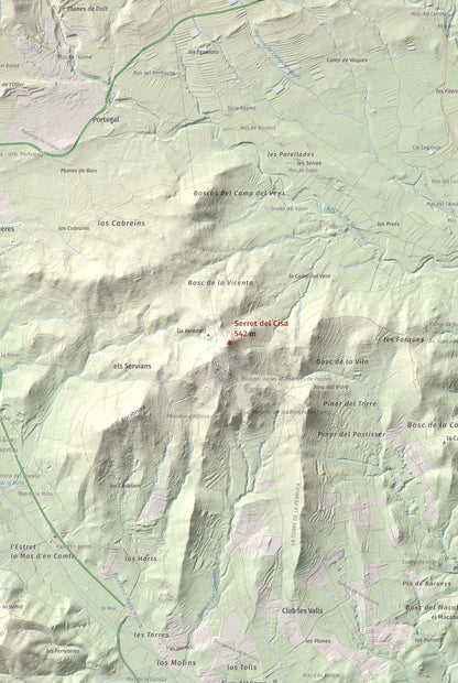 Mapa de relieve de Serret del Cisa, 542 m, Baix Camp, lámina 100 Cims de Trobart. Detalle de la zona central. 61 × 91 cm.