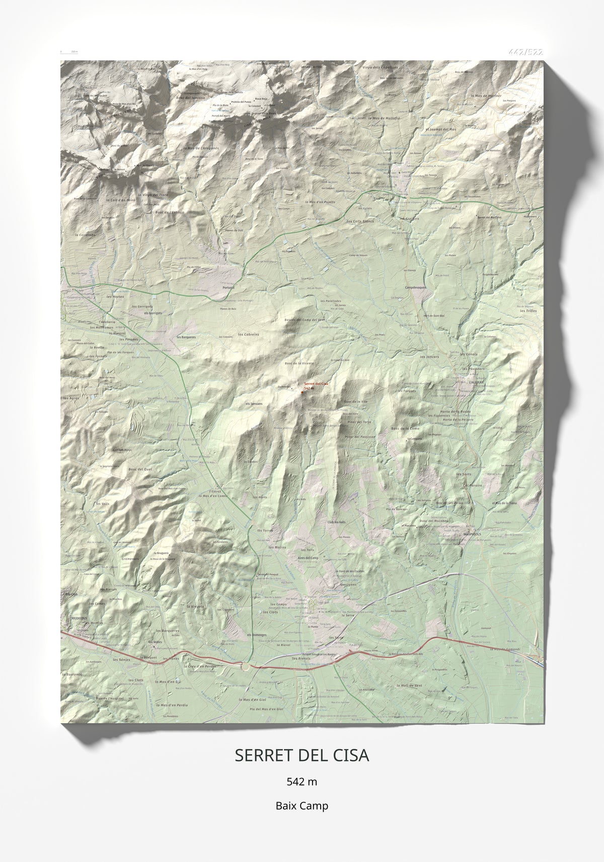 Mapa de relieve de Serret del Cisa, 542 m, Baix Camp, lámina 100 Cims de Trobart 70 × 100 cm.