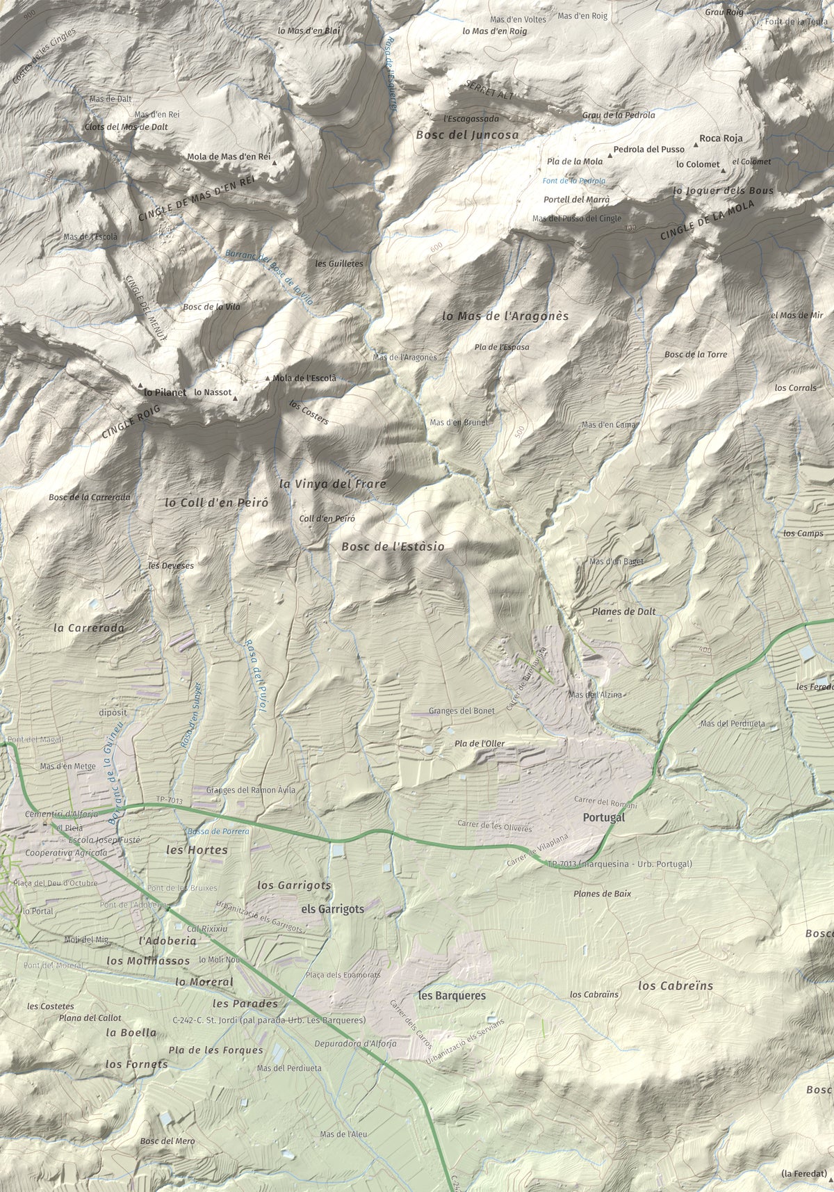 Mapa de relieve de Serret del Cisa, 542 m, Baix Camp, lámina 100 Cims de Trobart. Detalle de la zona superior izquierda. 70 × 100 cm.
