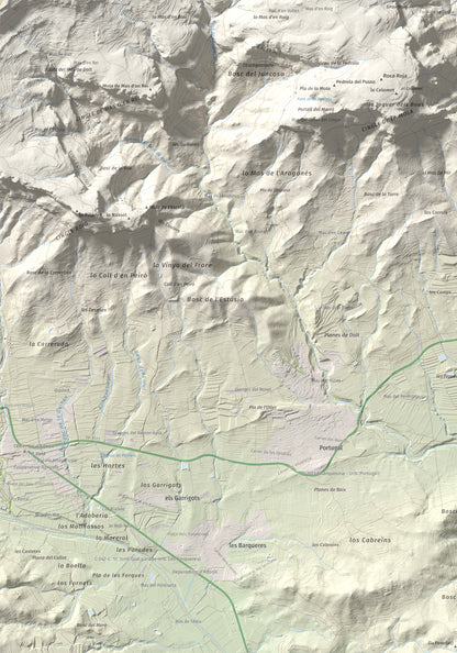 Mapa de relieve de Serret del Cisa, 542 m, Baix Camp, lámina 100 Cims de Trobart. Detalle de la zona superior izquierda. 70 × 100 cm.