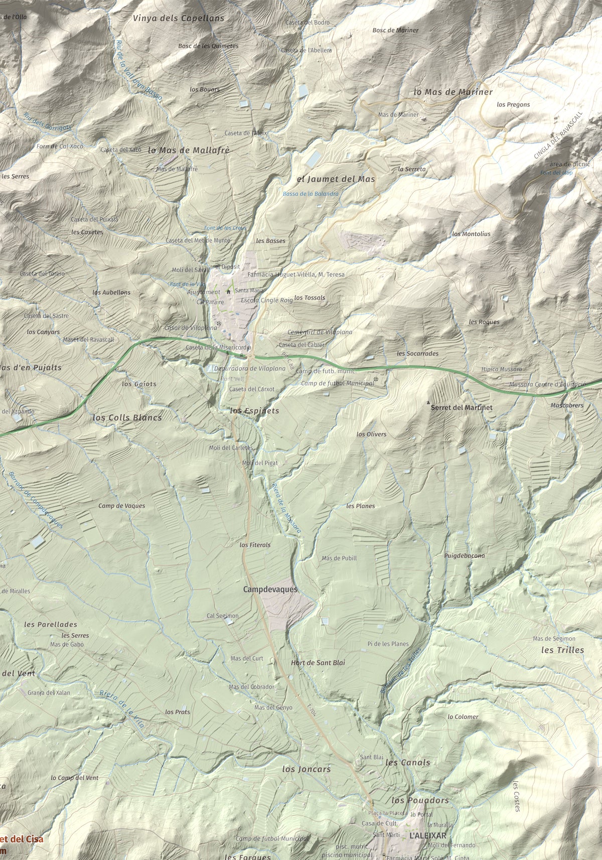 Mapa de relieve de Serret del Cisa, 542 m, Baix Camp, lámina 100 Cims de Trobart. Detalle de la zona superior derecha. 70 × 100 cm.