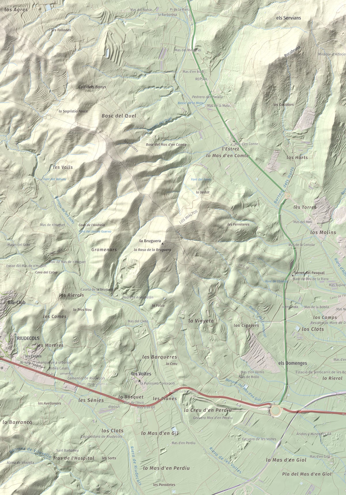 Mapa de relieve de Serret del Cisa, 542 m, Baix Camp, lámina 100 Cims de Trobart. Detalle de la zona inferior izquierda. 70 × 100 cm.
