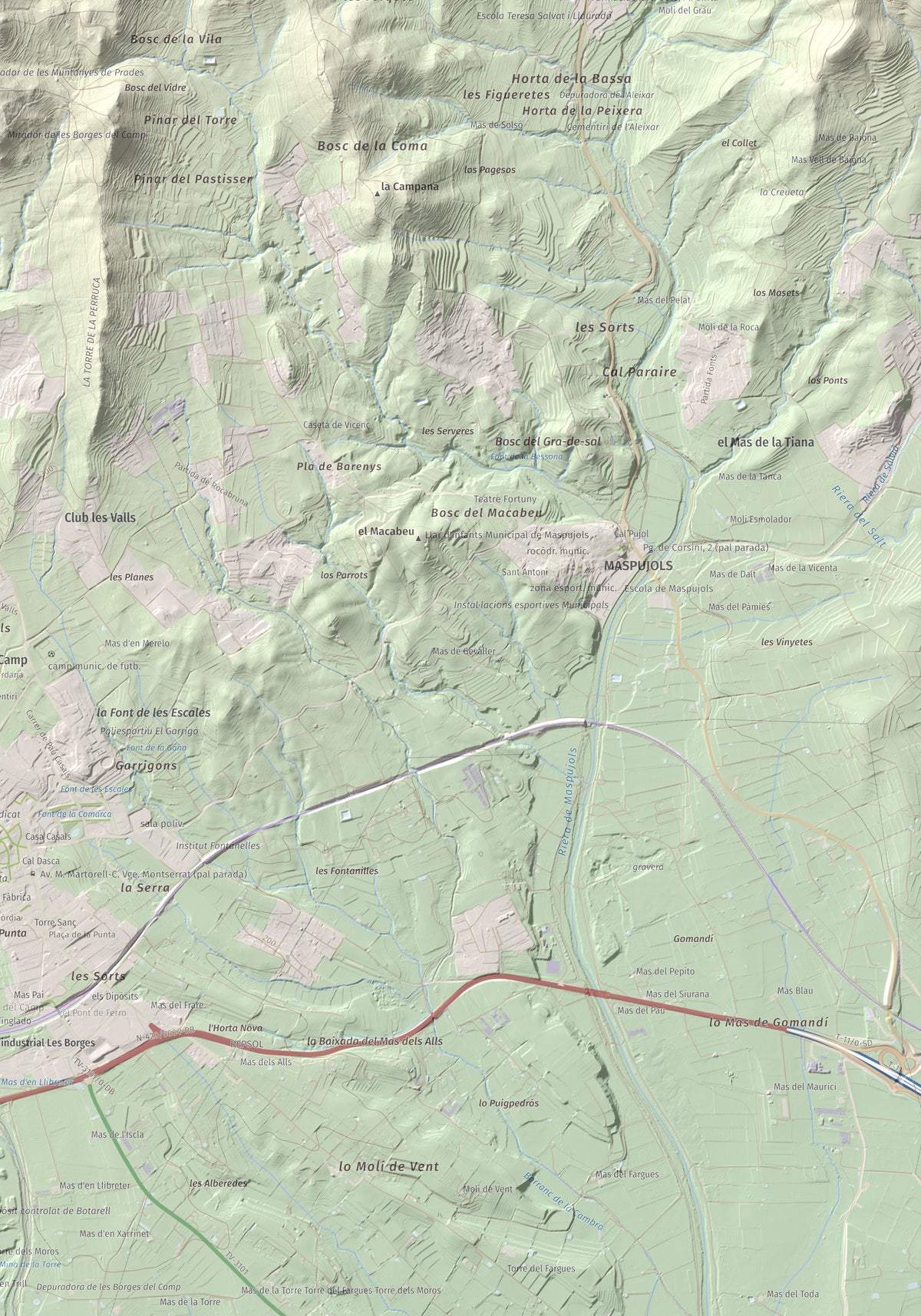 Mapa de relieve de Serret del Cisa, 542 m, Baix Camp, lámina 100 Cims de Trobart. Detalle de la zona inferior derecha. 70 × 100 cm.