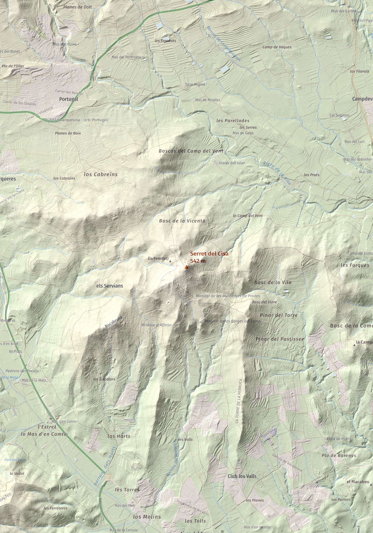 Mapa de relieve de Serret del Cisa, 542 m, Baix Camp, lámina 100 Cims de Trobart. Detalle de la zona central. 70 × 100 cm.
