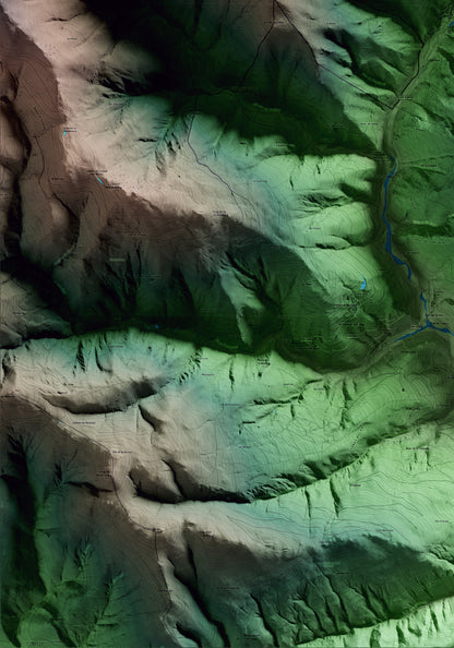Mapa artístico del relieve de Setcases, al Ripollès, con 15 km de entorno y base topográfica ICGC. Detalle de la zona inferior izquierda.
