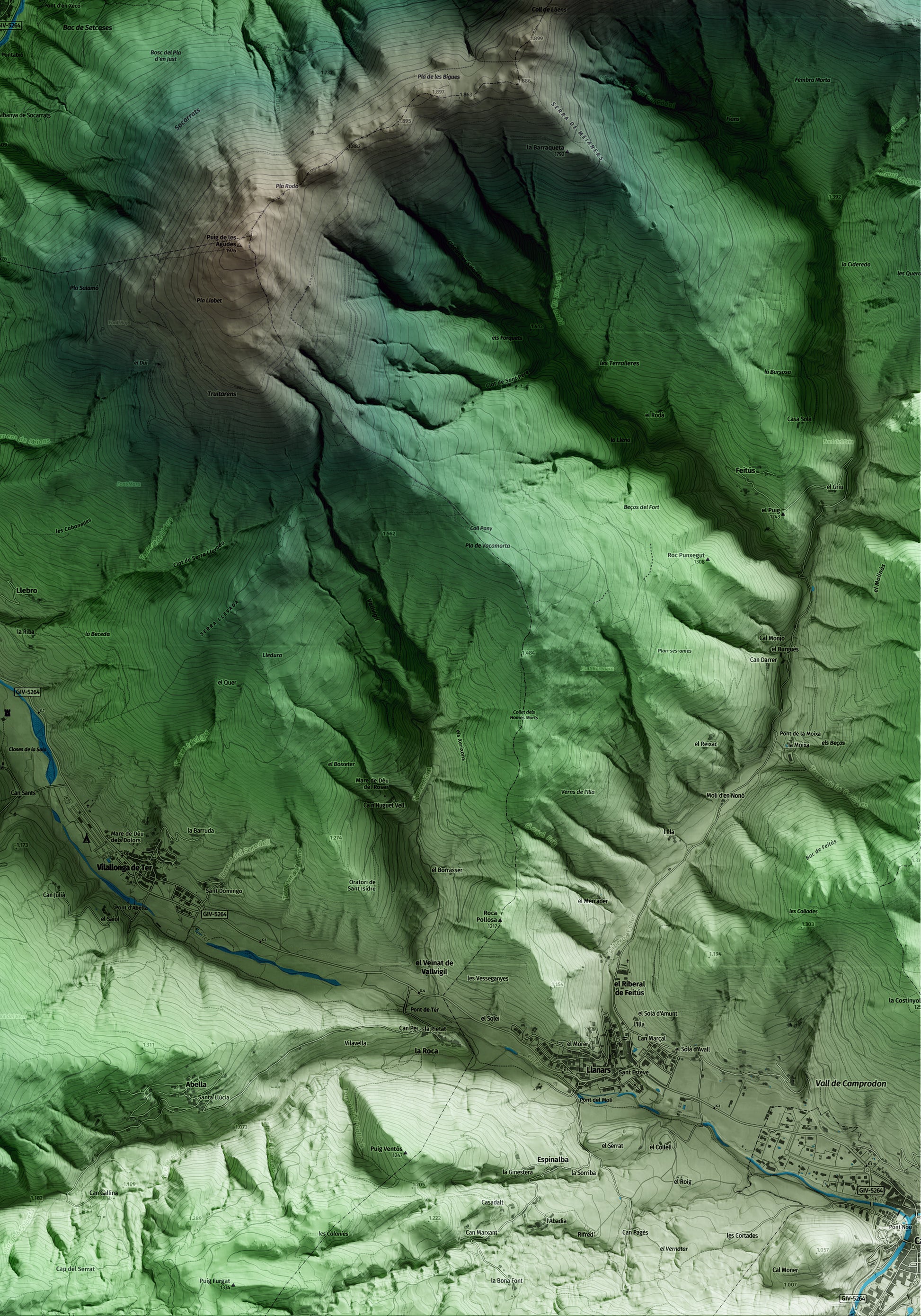 Mapa artístico del relieve de Setcases, al Ripollès, con 15 km de entorno y base topográfica ICGC. Detalle de la zona inferior derecha.
