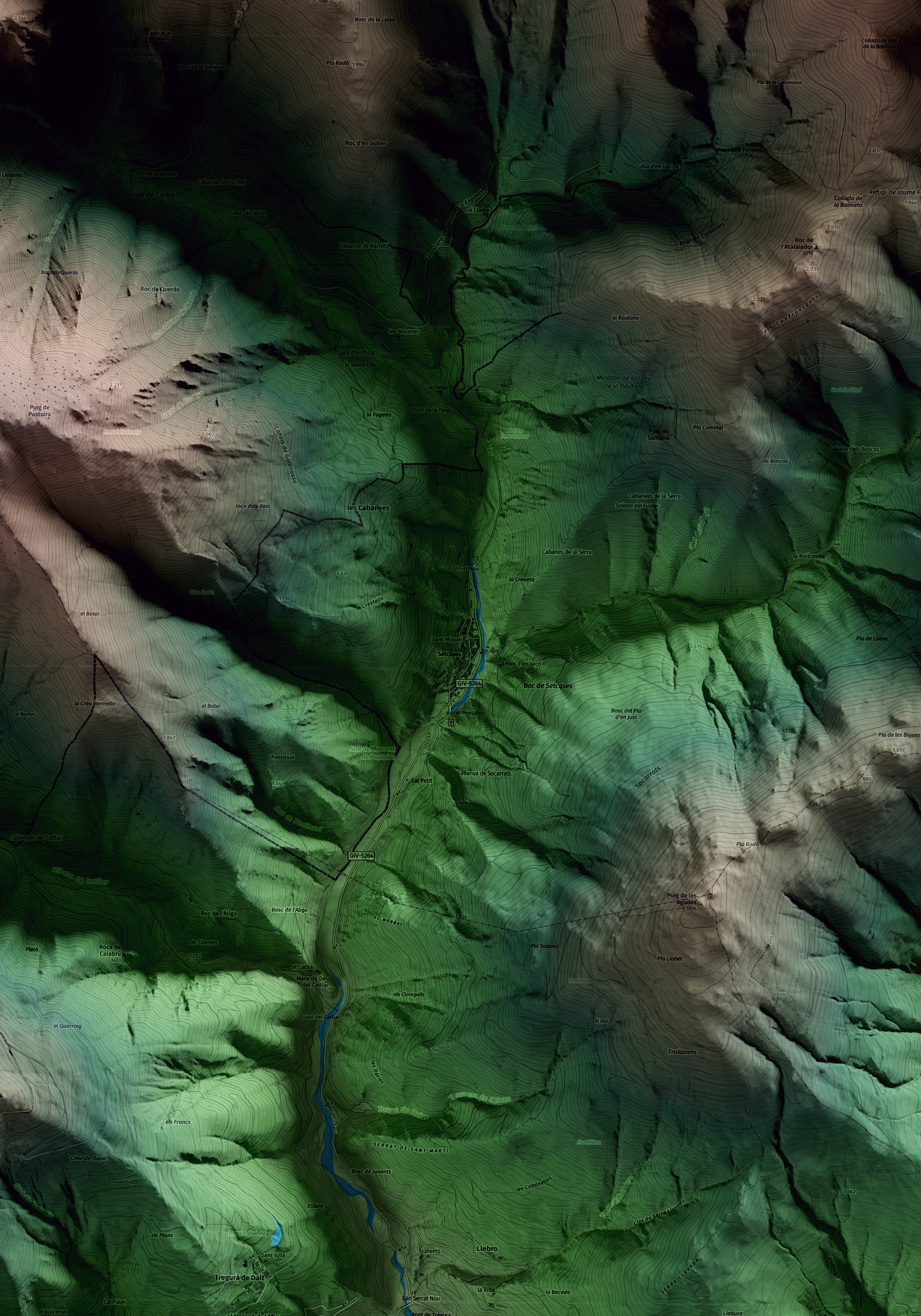 Mapa artístico del relieve de Setcases, al Ripollès, con 15 km de entorno y base topográfica ICGC. Detalle de la zona central.